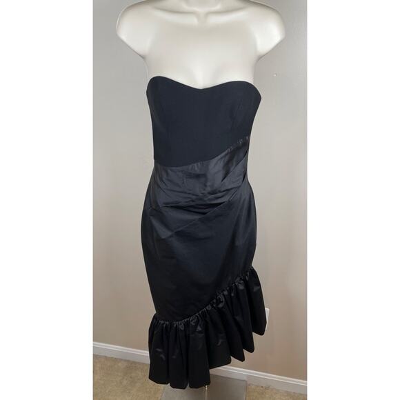 RASARIO Ruffled Silk and Crepe Corset Strapless Black Midi Dress Size 4 - Picture 3 of 11